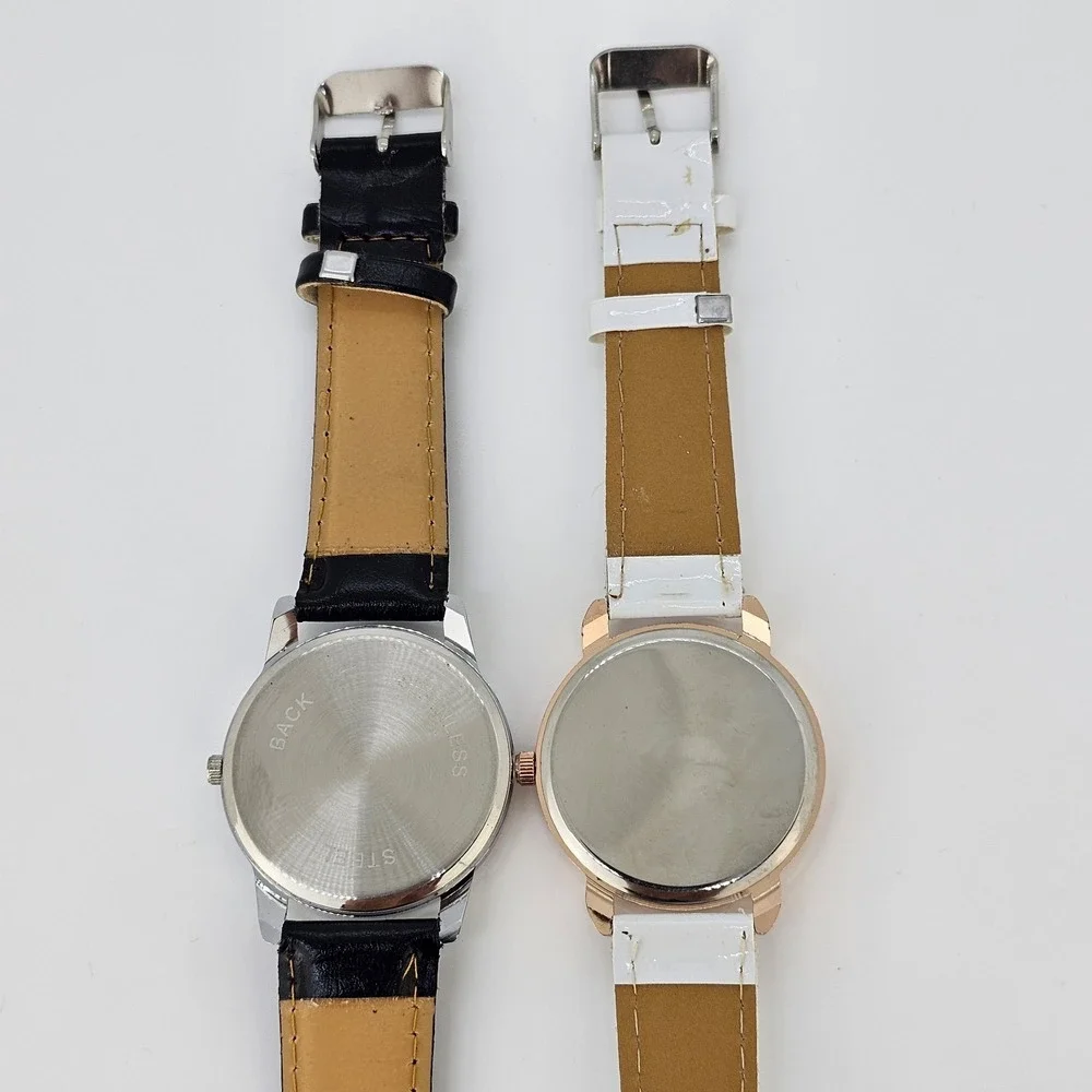 2X Women's Watch 38MM Gray Cream Dial Black White Faux Leather Bands NEW Battery